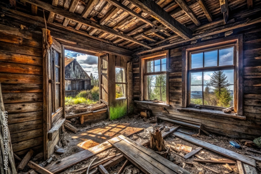 Abandoned Room with Broken Window in Old Wooden House - Drone Photography of a Rustic Village Interior Abandoned Room with Broken Window in Old Wooden House - Drone Photography of a Rustic Village Interior