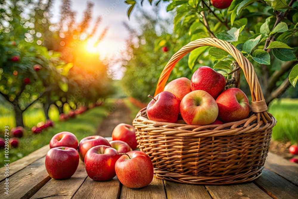 A basket of vibrant red apples rests on a table, surrounded by a lush green orchard, glowing in the bright, cheerful sunshine of a beautiful day. A basket of vibrant red apples rests on a table, surrounded by a lush green orchard, glowing in the bright, cheerful sunshine of a beautiful day.
