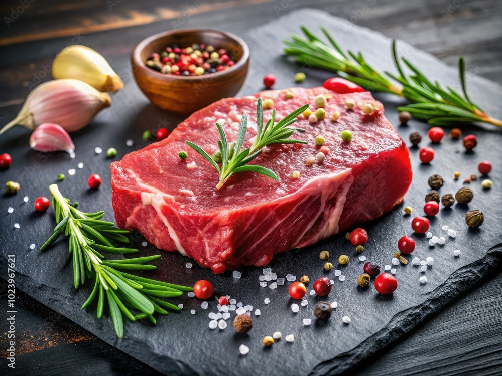 A beautifully marbled raw beef steak, adorned with a variety of spices, resting on a sleek slate black board, ideal for culinary preparation and cooking. A beautifully marbled raw beef steak, adorned with a variety of spices, resting on a sleek slate black board, ideal for culinary preparation and cooking.
