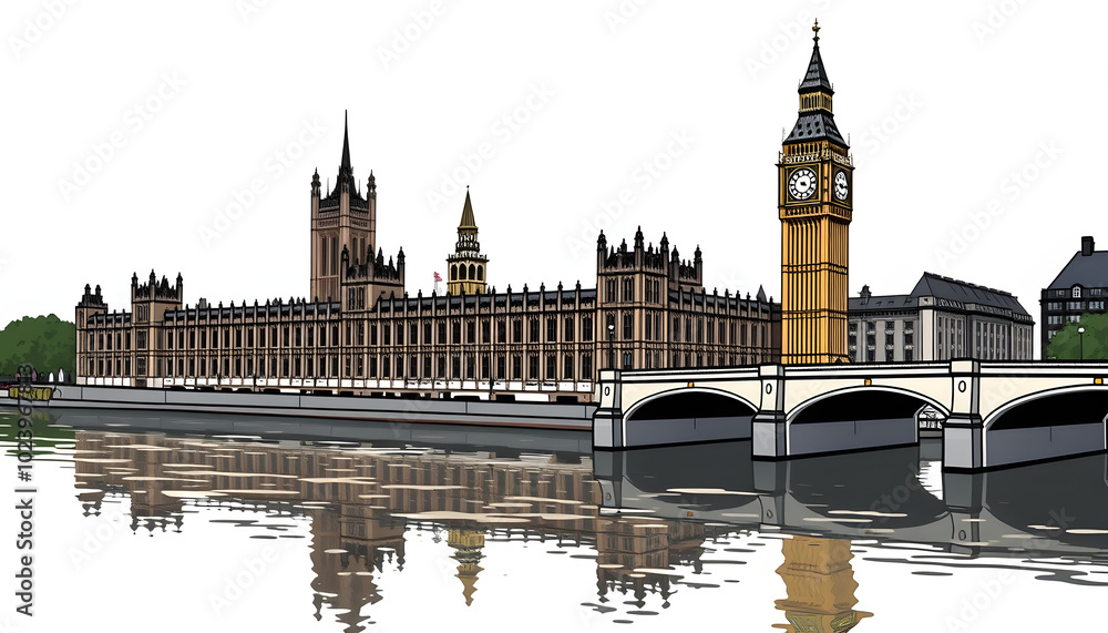 Naklejka premium Houses of parliament with Big Ben tower and Westminster bridge reflected in Thames river, London, UK isolated with white highlights, png
