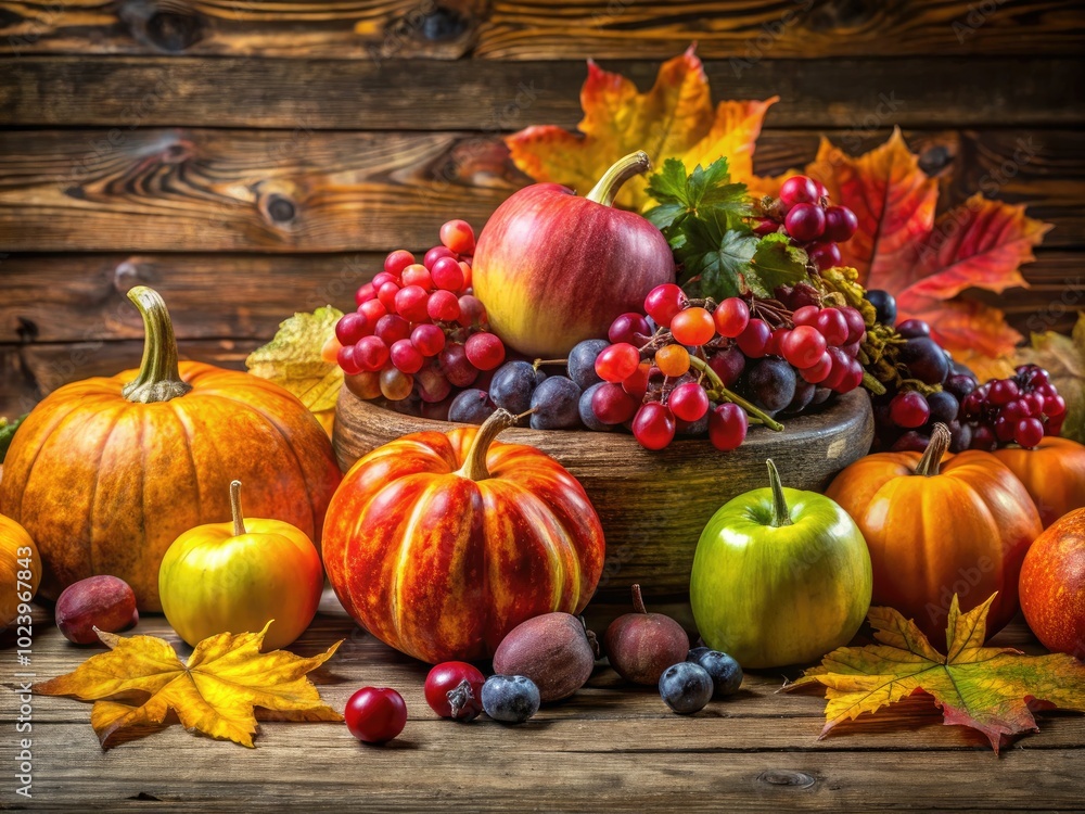 Autumn Still Life with Maple Leaves, Pumpkins, and Fruits for Thanksgiving Day Celebration Autumn Still Life with Maple Leaves, Pumpkins, and Fruits for Thanksgiving Day Celebration