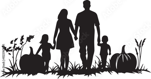 Silhouette of a family walking through a pumpkin patch, family vector