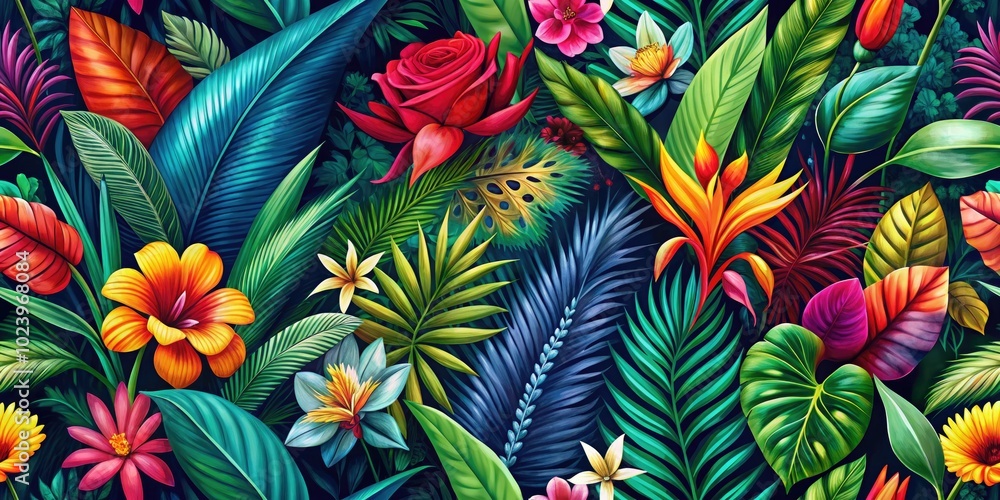 A vibrant bohemian jungle pattern, ideal for contemporary exotic floral prints and backgrounds, merges nature's lushness with artistic flair, creating a visually stunning experience. A vibrant bohemian jungle pattern, ideal for contemporary exotic floral prints and backgrounds, merges nature's lushness with artistic flair, creating a visually stunning experience.