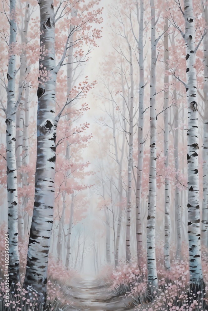 Obraz premium Misty forest with tall birch trees and pink blossoms, creating an ethereal and tranquil scene. 