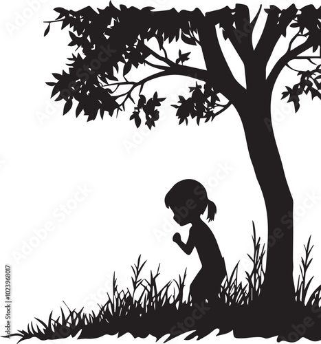 Silhouette of a child playing hide and seek behind trees, child with a tree silhouette vector