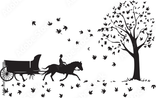 Silhouette of a horse and carriage riding through fallen leaves