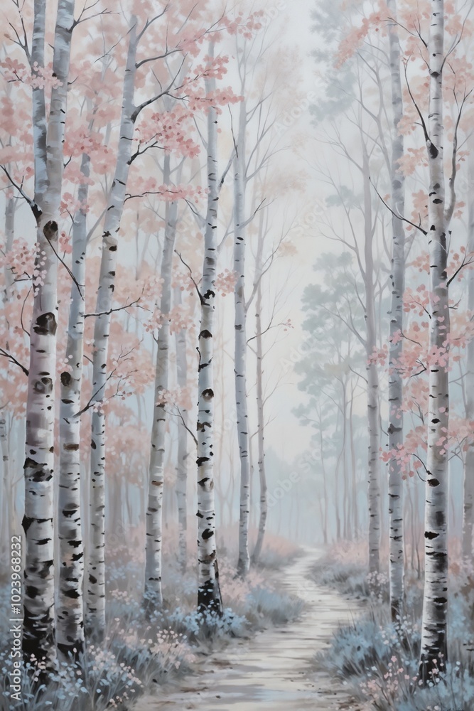 Obraz premium Misty forest with tall birch trees and pink blossoms, creating an ethereal and tranquil scene. 