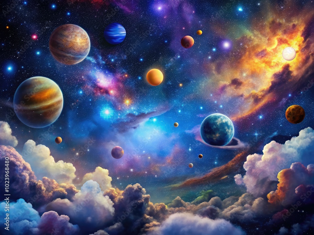 A boundless night sky filled with colorful clouds, shimmering stars, and distant planets creates an ethereal deep space backdrop, inviting wonder and exploration. A boundless night sky filled with colorful clouds, shimmering stars, and distant planets creates an ethereal deep space backdrop, inviting wonder and exploration.