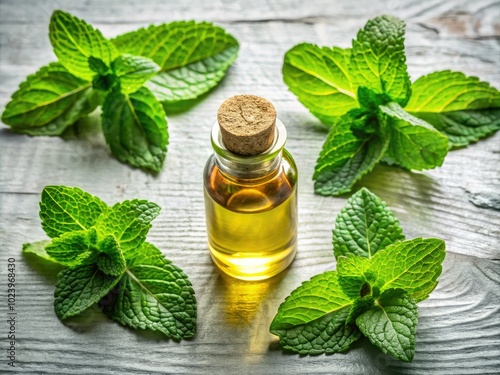 A bottle of essential oil accompanied by fresh mint leaves rests elegantly on a light textured table, creating a serene and inviting flat lay arrangement.