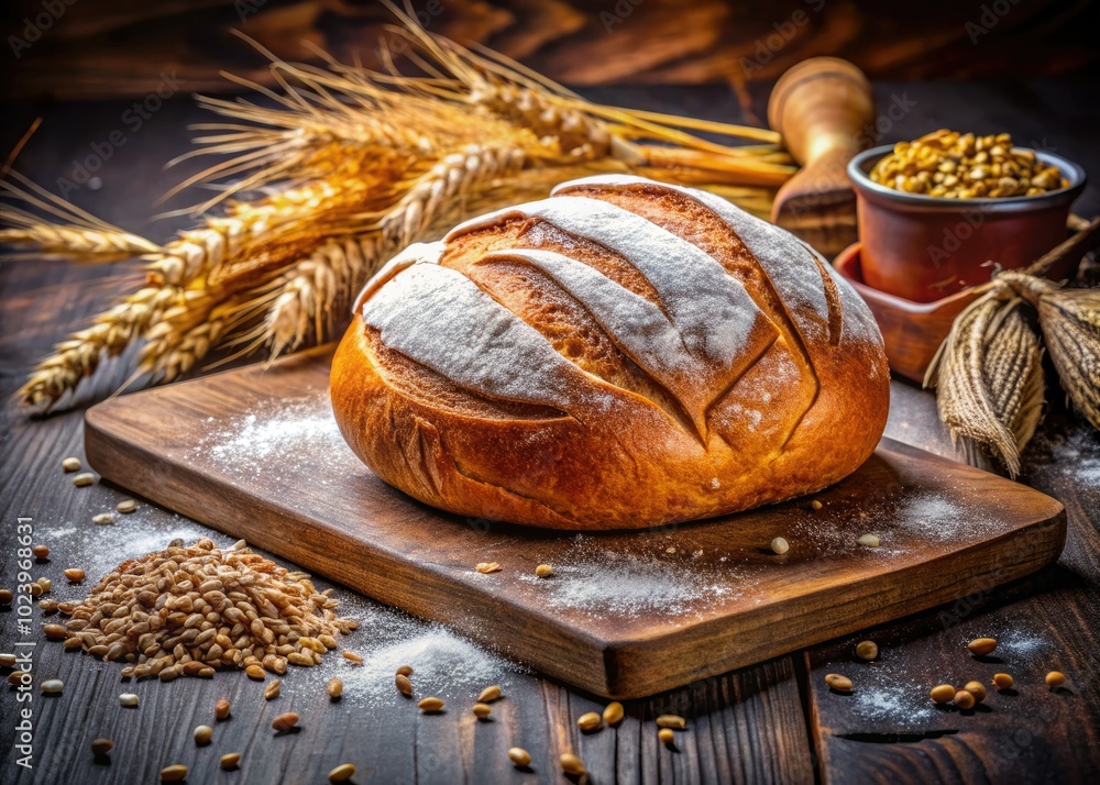 A warm, fresh loaf of bread lies on a wooden cutting board, with flour and wheat grains adding a charming, rustic backdrop to the scene. A warm, fresh loaf of bread lies on a wooden cutting board, with flour and wheat grains adding a charming, rustic backdrop to the scene.