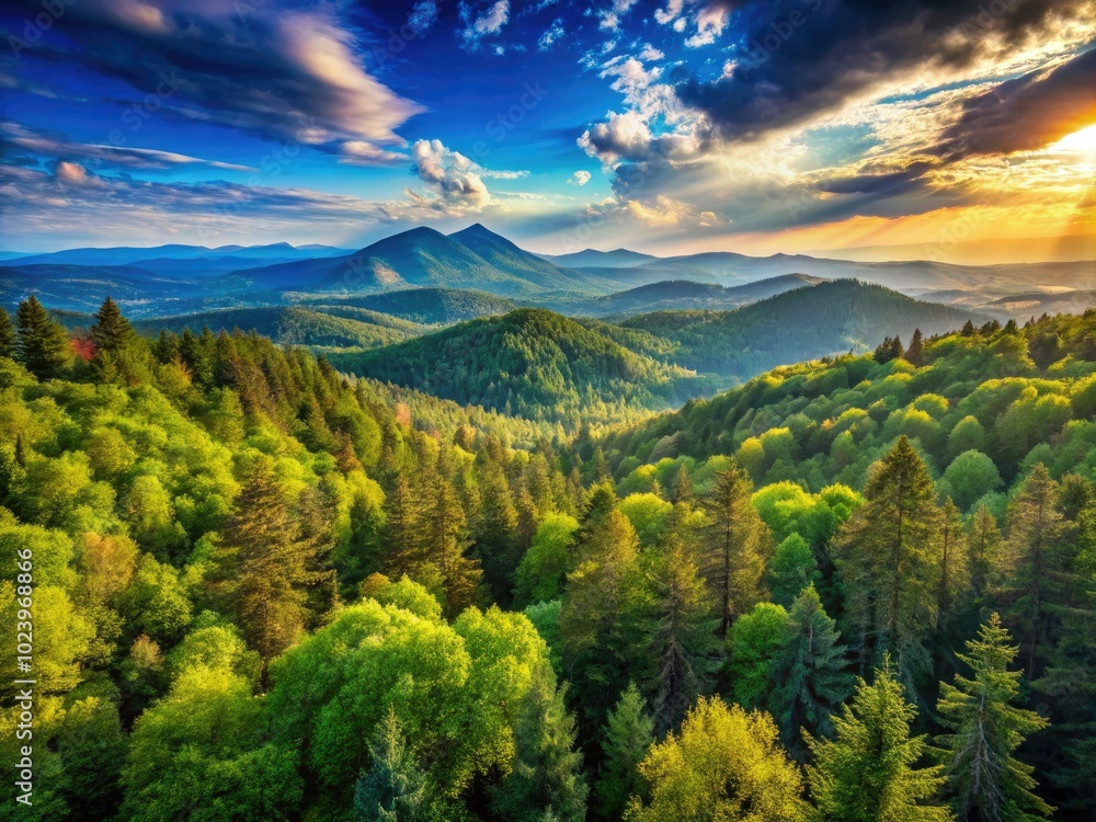 Fototapeta premium A breathtaking forest panorama showcases vibrant greenery and distant mountains, all beneath a pristine blue sky, creating a serene and majestic natural landscape.