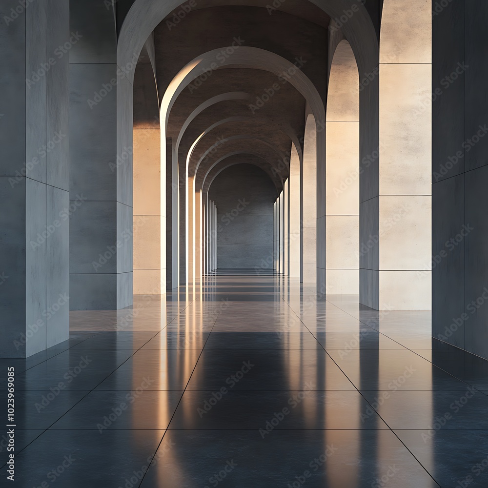 Obraz premium A serene corridor with arched ceilings and reflective floors, showcasing modern architectural design.