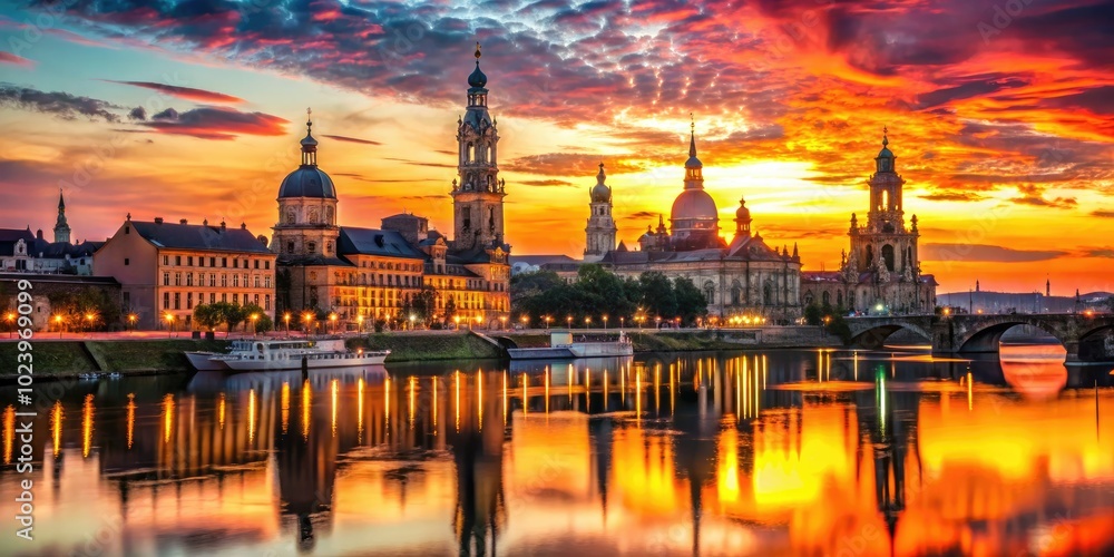 Obraz premium A breathtaking silhouette of Dresden's historic skyline framed by a colorful sunset, evoking a sense of wonder and artistic inspiration from the city's timeless beauty.
