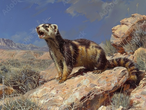 Marbled Polecat perched on desert rock, wildlife species, unique animal photography photo