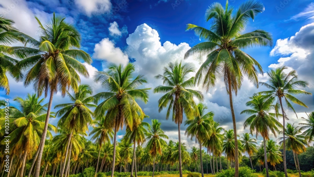 Beneath a brilliant blue sky dotted with fluffy clouds, a group of palm trees stands tall, invoking a serene tropical paradise filled with relaxation and beauty. Beneath a brilliant blue sky dotted with fluffy clouds, a group of palm trees stands tall, invoking a serene tropical paradise filled with relaxation and beauty.