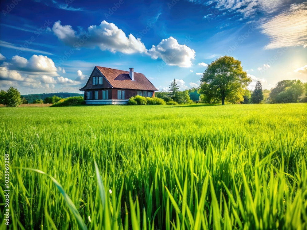 Beneath a bright blue sky, a wide green grass field sprawls out, with an enchanting house visible on the horizon, embodying a peaceful retreat. Beneath a bright blue sky, a wide green grass field sprawls out, with an enchanting house visible on the horizon, embodying a peaceful retreat.