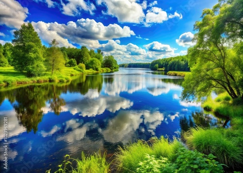 Beneath a bright blue sky, vibrant greenery frames still waters, creating a peaceful landscape that embodies calmness and the beauty of nature's tranquility.