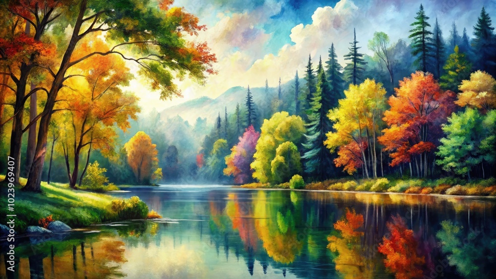 Naklejka premium A breathtaking watercolor scene of a forest mirrored in a calm lake, capturing the essence of nature’s beauty through vivid colors and peaceful reflections.