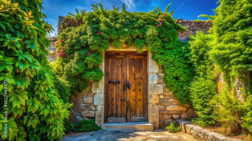 Bird's-eye view of a rustic door in Crete, enveloped by lush vegetation and creeping vines, highlighting the intersection of nature and ancient architecture. Bird's-eye view of a rustic door in Crete, enveloped by lush vegetation and creeping vines, highlighting the intersection of nature and ancient architecture.