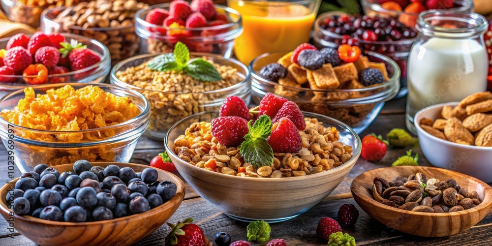 A bright selection of breakfast cereals and muesli showcased in an eye-catching buffet, ensuring a delicious and wholesome breakfast experience for all in the morning. A bright selection of breakfast cereals and muesli showcased in an eye-catching buffet, ensuring a delicious and wholesome breakfast experience for all in the morning.