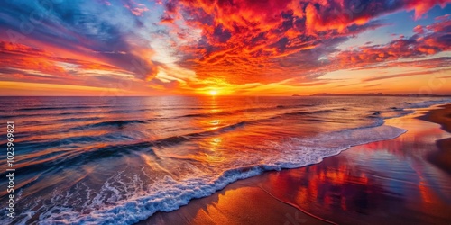 A brilliant red dawn reflects on gentle sea waves at sunrise, under a serene blue sky, complemented by a soft sandy beach in vertical alignment.