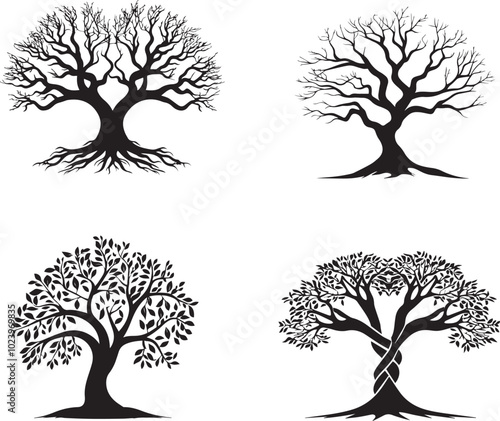 Silhouette of a tree with intertwined branches, set of trees silhouettes