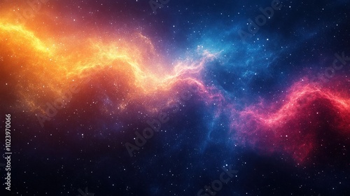 Abstract cosmic nebula with swirling red, blue, and orange light against a dark starry background.