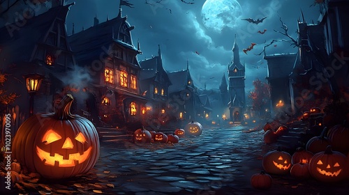 Scary Halloween pumpkin poster, medieval fantasy, epic scenes, pumpkin-filled street at night photo