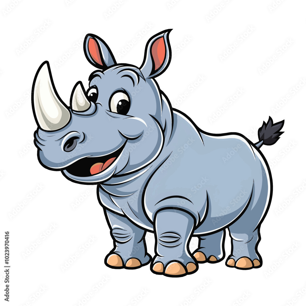 Fototapeta premium A friendly, cartoon-style rhinoceros is standing happily. It has a wide smile
