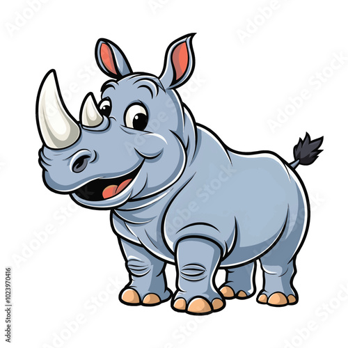 A friendly, cartoon-style rhinoceros is standing happily. It has a wide smile