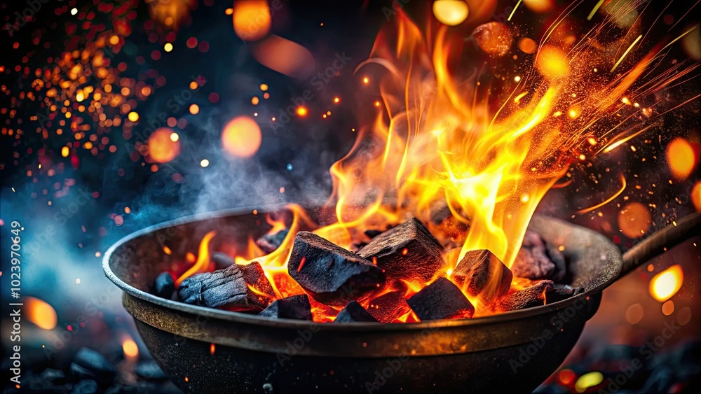 Bokeh Flames: Captivating Drone Photography of Fire Sparks from Charcoal on Dark Background Bokeh Flames: Captivating Drone Photography of Fire Sparks from Charcoal on Dark Background