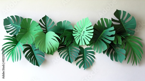 Paper cut tropical leaves arranged into a lush, green garland for summerthemed decoration, paper cut leaves, tropical craft decor photo