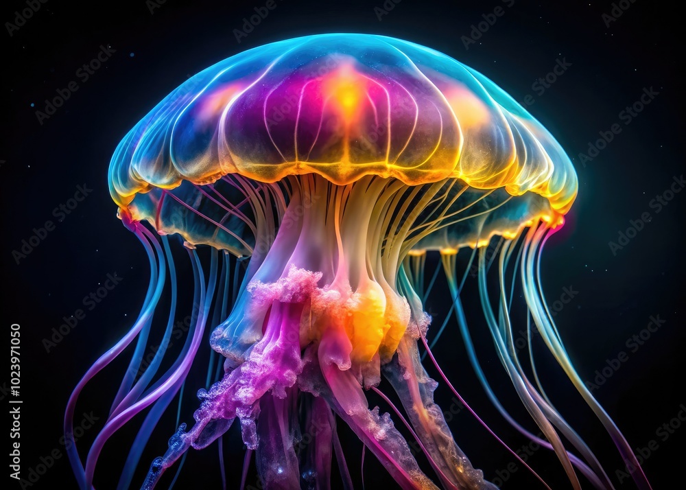 Breathtaking close-up of a jellyfish against a sleek black background, perfect for captivating product photography that highlights elegance and uniqueness in every detail. Breathtaking close-up of a jellyfish against a sleek black background, perfect for captivating product photography that highlights elegance and uniqueness in every detail.