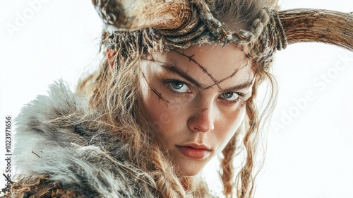 Scandinavian goddess Hel is depicted with striking realism featuring detailed facial expressions and unique attire that highlights her divine nature and mythological significance. photo