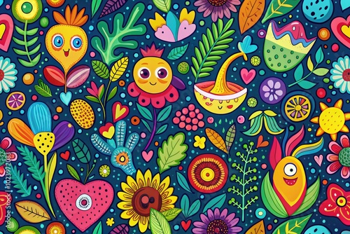 Wallpaper Mural Bright, joyful abstract pattern featuring hand-drawn organic shapes and delightful doodles, ideal for designs seeking a whimsical, childlike aesthetic and vibrant appeal. Torontodigital.ca