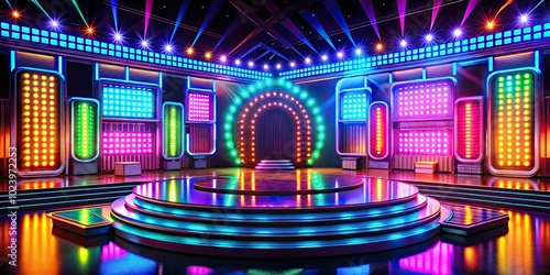 Bright neon illuminates a contemporary game show stage, designed for an engaging experience without an audience, creating a visually stunning atmosphere for viewers.