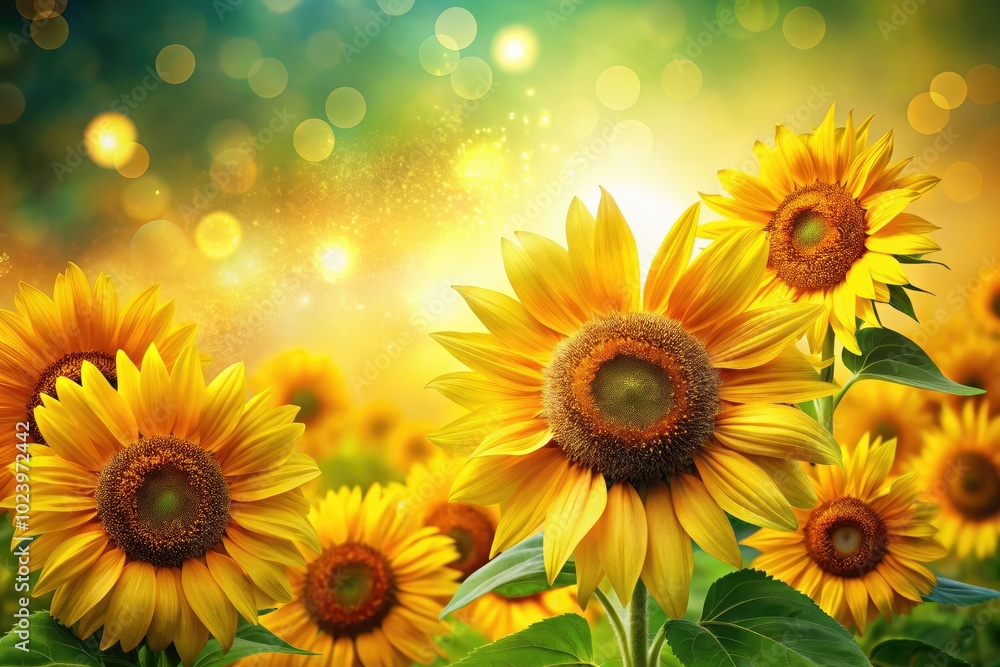 Fototapeta premium Bright sunflower floral background template ideal for summer-themed designs and nature-inspired projects, adding a cheerful touch to any creative endeavor and celebrating the beauty of summer.