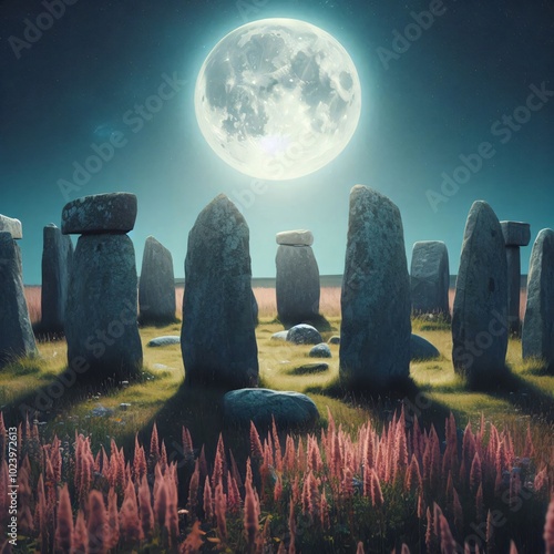 Ancient stone circle under a full moon photo