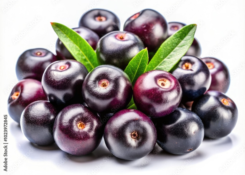 Acai berries shine against a white backdrop, emphasizing their sleek surface and deep, rich color, celebrating the vibrant essence of this nutritious fruit. Acai berries shine against a white backdrop, emphasizing their sleek surface and deep, rich color, celebrating the vibrant essence of this nutritious fruit.