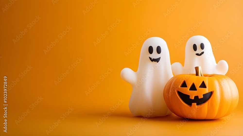 Halloween ghosts with funny pumpkin on orange background. Happy halloween holiday concept Halloween ghosts with funny pumpkin on orange background. Happy halloween holiday concept