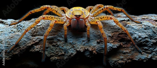 A close-up of a yellow huntsman spider with a black background and a brown rock in the foreground. photo