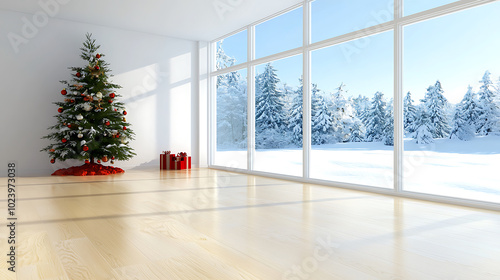 bright living room features beautifully decorated Christmas tree beside large windows, showcasing snowy landscape outside. scene evokes warm holiday spirit