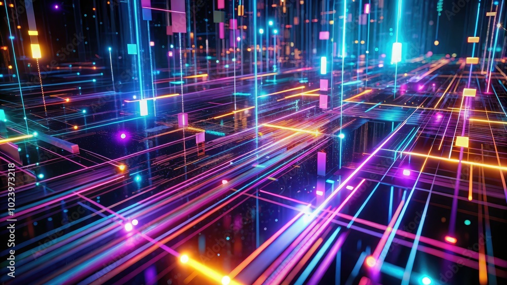 Fototapeta premium A captivating 3D rendered abstract scene, showcasing neon lines and bokeh lights in ultraviolet hues, perfect for illustrating the concepts of data transmission and flow.