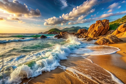 Candid Mediterranean Waves Crashing on Aregno Plage Rocks and Sandy Beach in Corsica photo