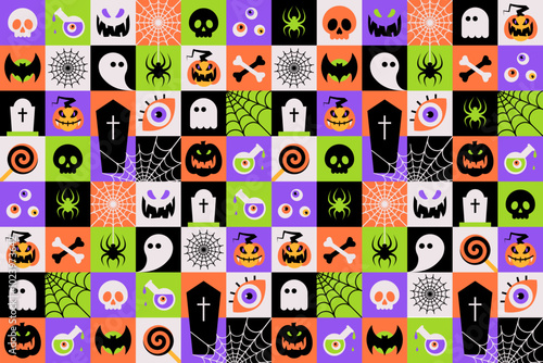 Happy Halloween seamless pattern on colorful checkered background. Trick or Treat. Cute scary Halloween Party, Horror Holiday design concept. Vector Illustration in minimalist flat style.