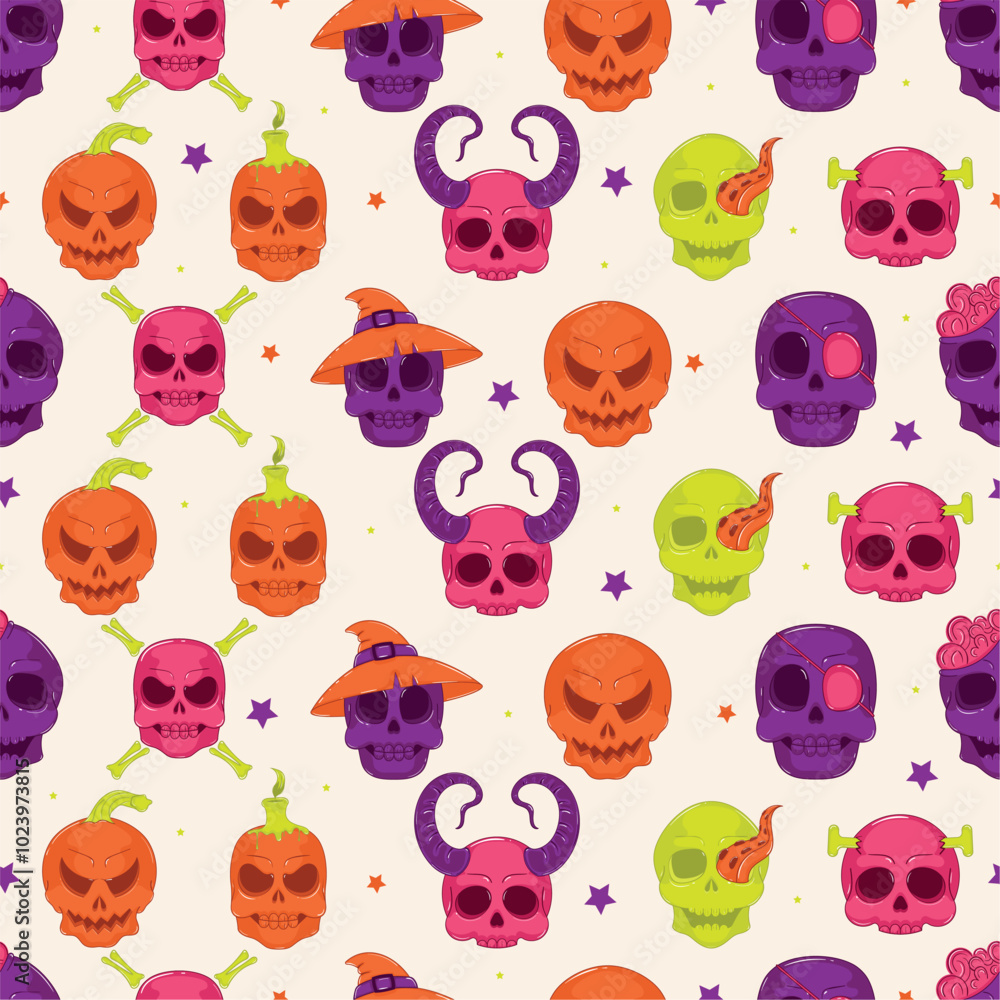 Fototapeta premium Halloween skull pattern with spooky and decorative designs, Vector