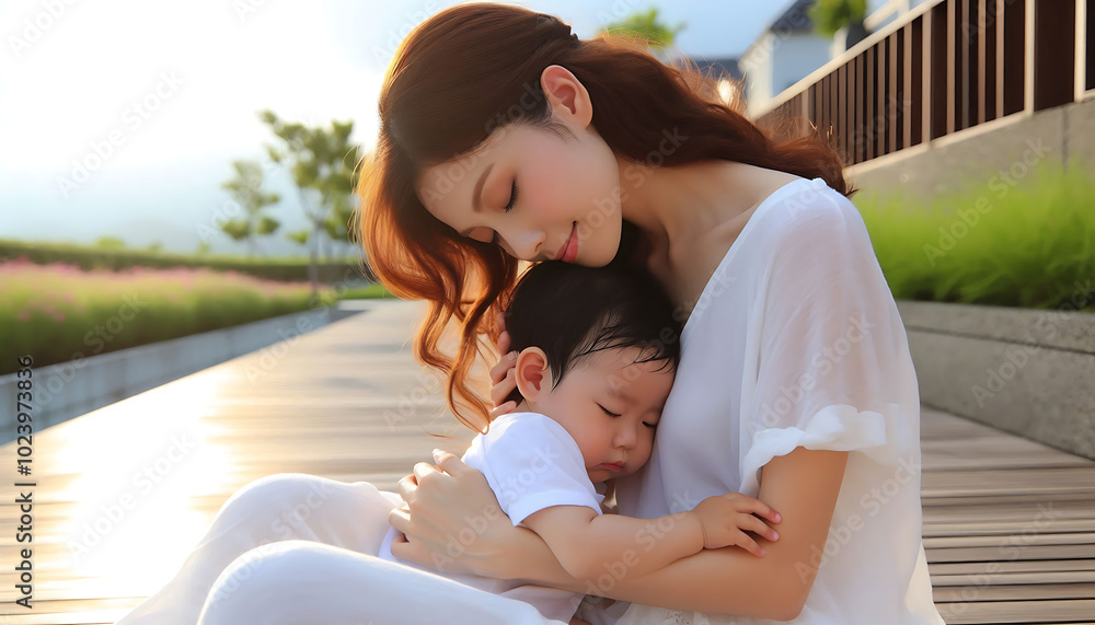 A joyful mother holding her baby in the park, capturing the love and happiness of family life A joyful mother holding her baby in the park, capturing the love and happiness of family life