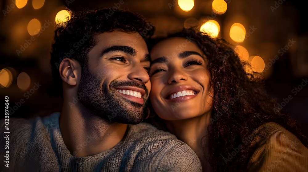 A joyful couple smiling together in a cozy, warm setting. A joyful couple smiling together in a cozy, warm setting.