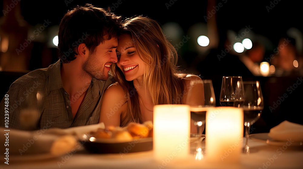 Romantic dinner setting with candles and smiling couple. Romantic dinner setting with candles and smiling couple.