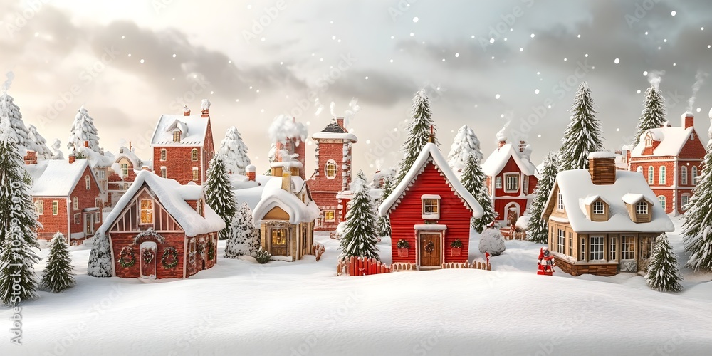 Fototapeta premium Christmas village with Snow in vintage style. Winter Village Landscape. Christmas Holidays. Christmas Card